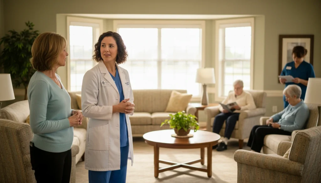 Clinical director leading a memory care tour focused on safety and dementia expertise to improve tour-to-move-in conversions