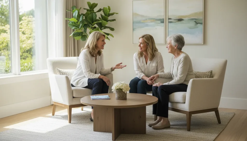 Family consultation in a memory care community showing the longer decision cycle and need for CRM follow-up