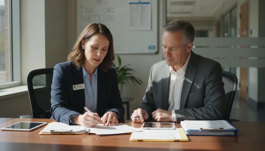 Hospital discharge planner meeting with senior living liaison to discuss memory care referrals