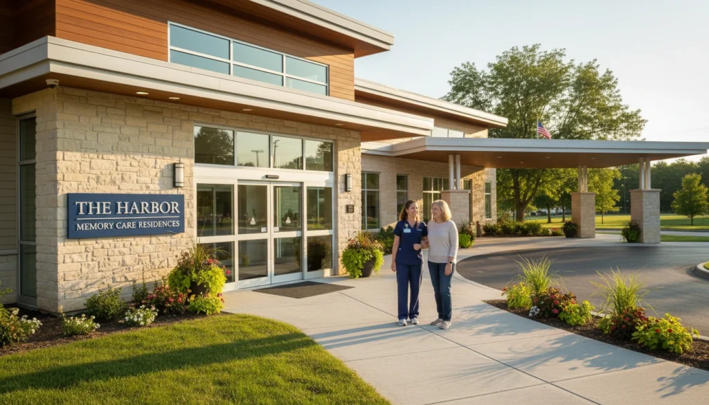 Memory care community exterior with caregiver greeting family during a tour
