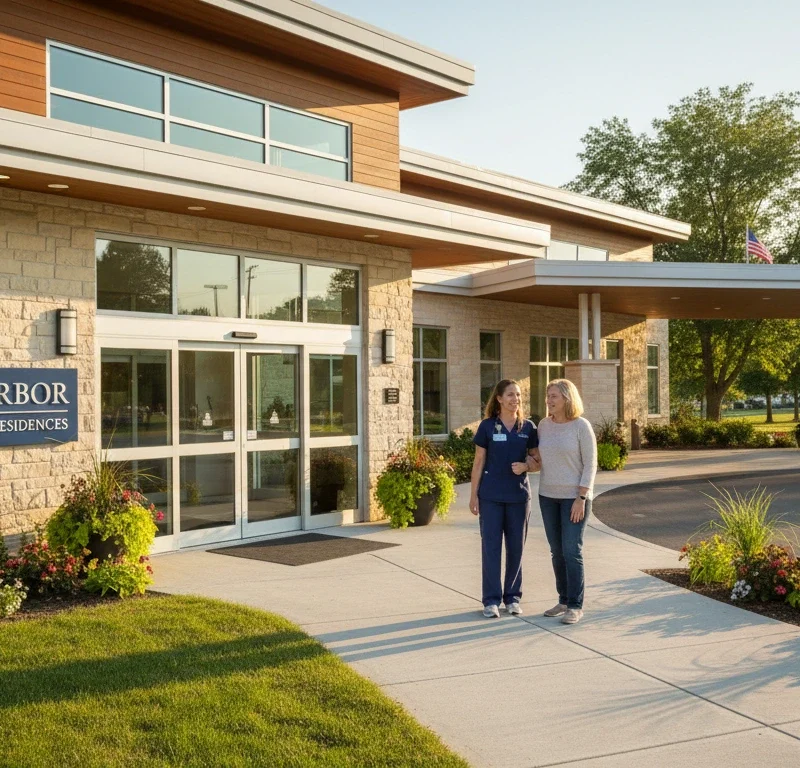 Memory care community exterior with caregiver greeting family during a tour