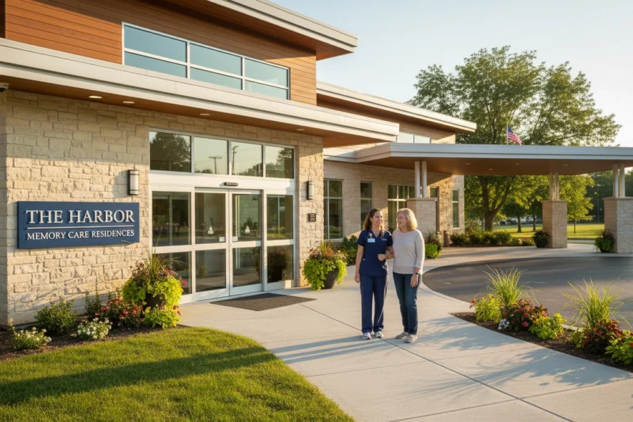 Memory care community exterior with caregiver greeting family during a tour