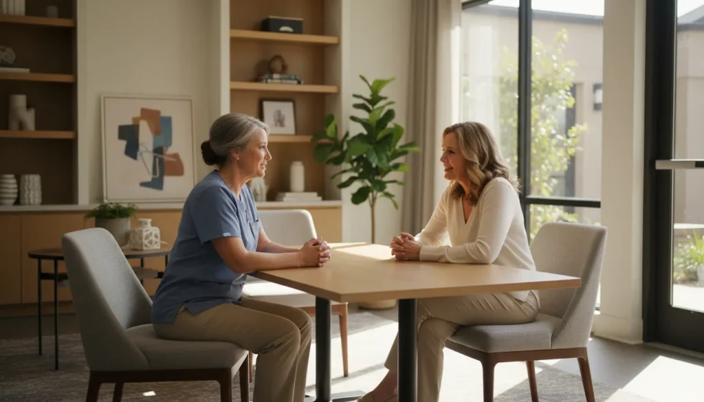 Memory care tour conversation with clinical staff providing reassurance to a family decision-maker