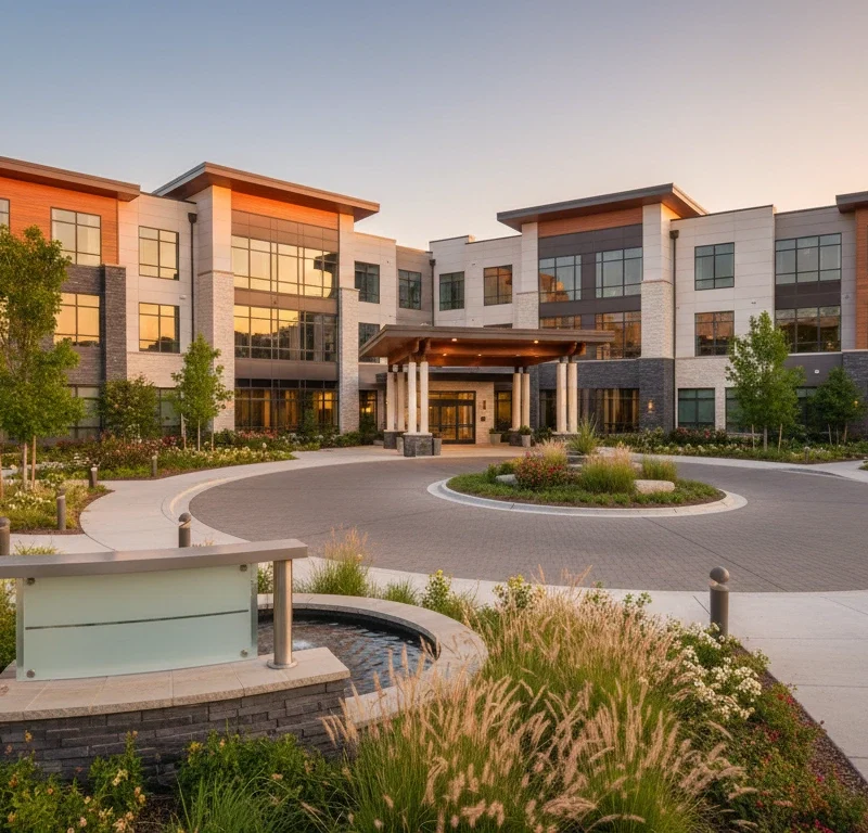 Modern memory care community exterior representing memory care lead generation and qualified move-ins