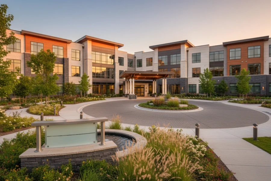Modern memory care community exterior representing memory care lead generation and qualified move-ins