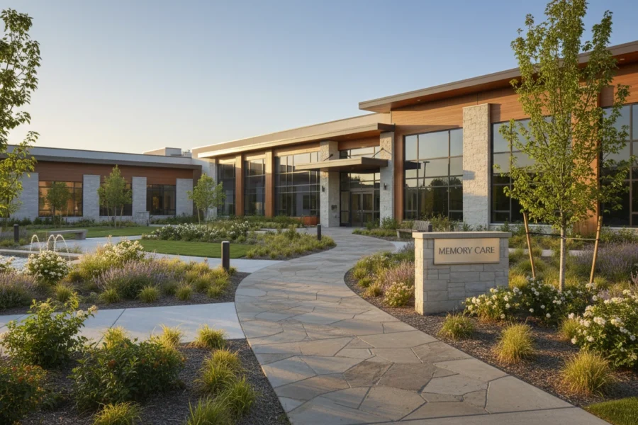 Modern memory care community exterior showcasing a professional senior living facility for operators improving occupancy in 2026