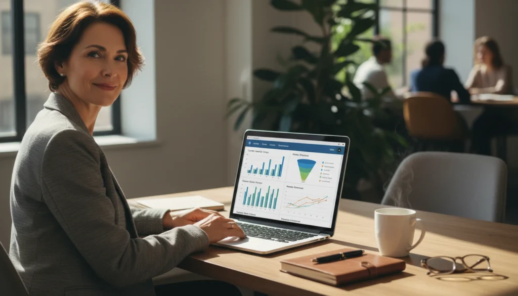 Senior living sales director reviewing memory care CRM pipeline and occupancy metrics