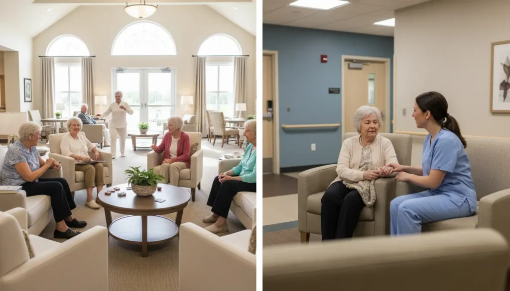 Assisted living common area compared to secure memory care environment