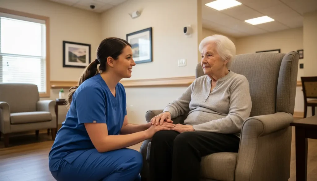 Caregiver providing hands-on support in memory care community