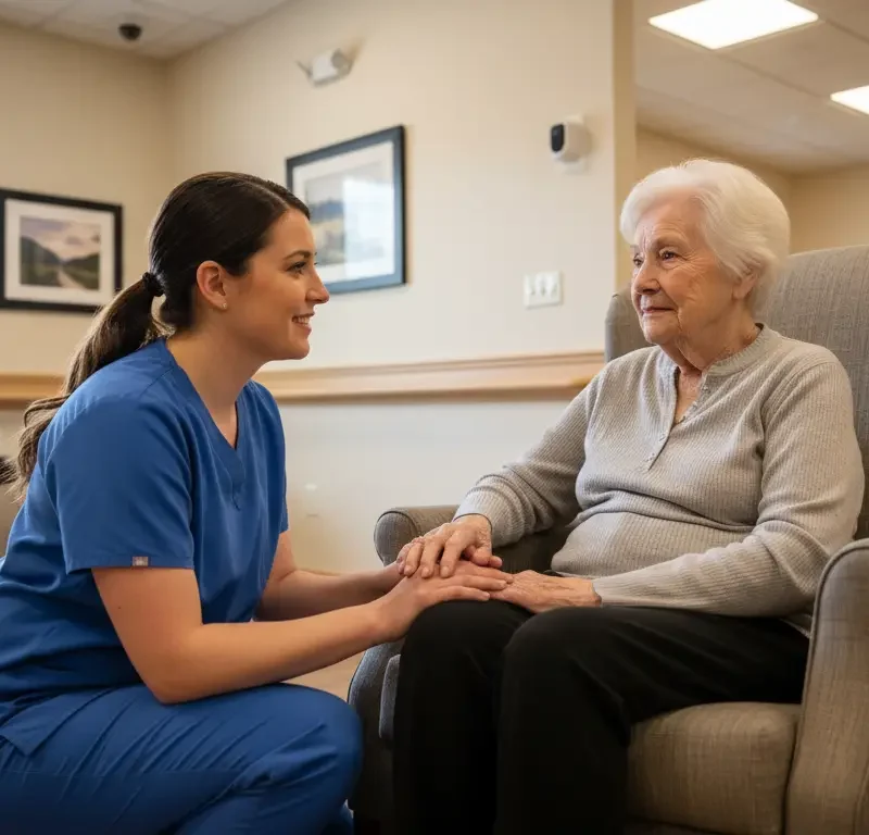 Caregiver providing hands-on support in memory care community