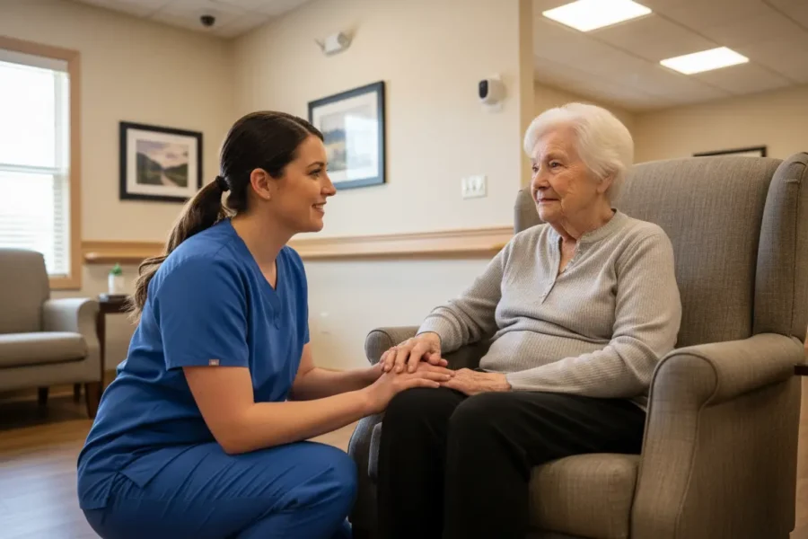 Caregiver providing hands-on support in memory care community