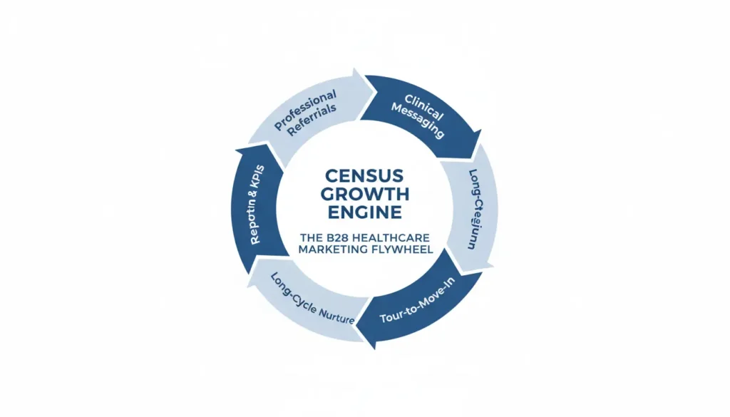 Memory care marketing strategy flywheel showing referrals, clinical messaging, long-cycle nurturing, tours, and KPI reporting driving census growth.