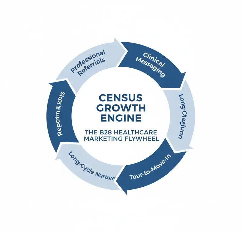 Memory care marketing strategy flywheel showing referrals, clinical messaging, long-cycle nurturing, tours, and KPI reporting driving census growth.