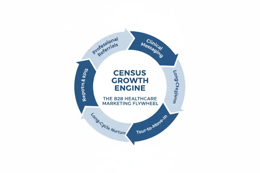 Memory care marketing strategy flywheel showing referrals, clinical messaging, long-cycle nurturing, tours, and KPI reporting driving census growth.