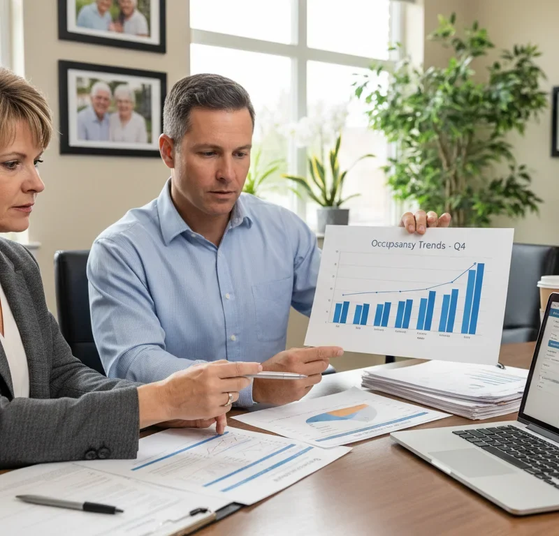 Memory care leadership reviewing census forecasting KPIs