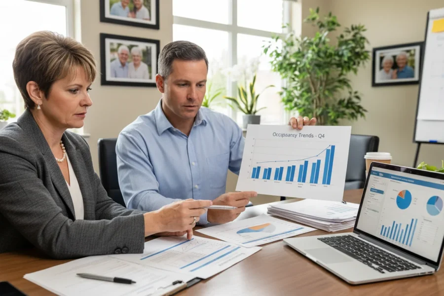 Memory care leadership reviewing census forecasting KPIs