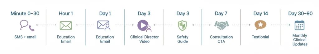 Memory care census recovery nurturing timeline showing 90-day clinical follow-up from inquiry to move-in.