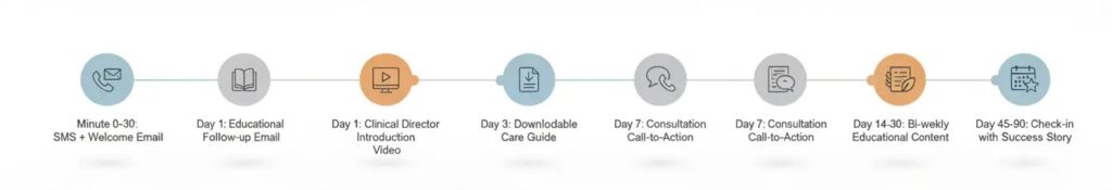 Memory care marketing long-cycle nurturing timeline showing 60 to 120 day follow-up sequence from inquiry to move-in.