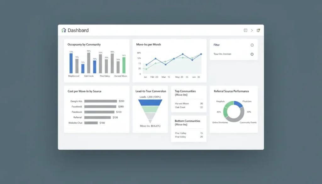 Memory care marketing dashboard showing occupancy, move-ins, cost per move-in, and referral source performance across multiple communities.