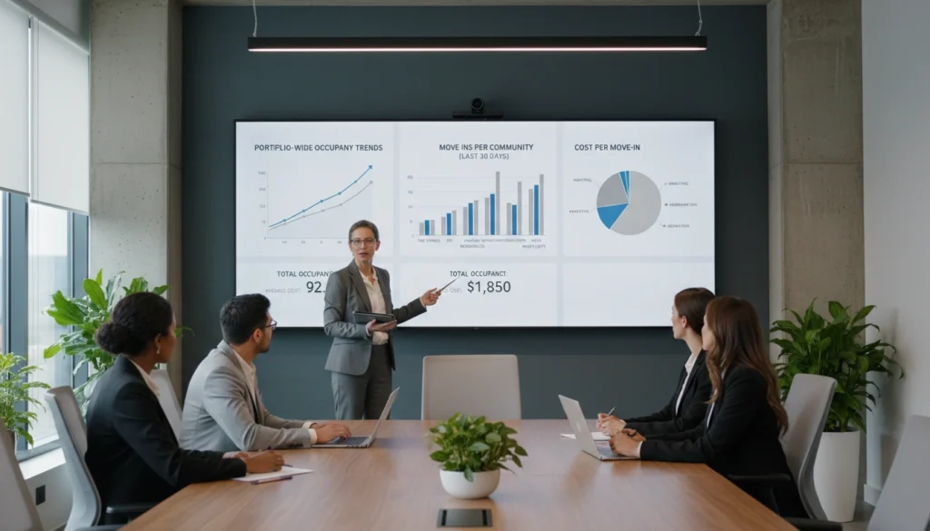 Memory care portfolio dashboard showing occupancy trends and move-in performance by community