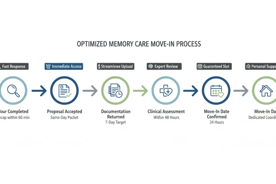 Optimized memory care move-in workflow timeline from tour completion to move-in day.