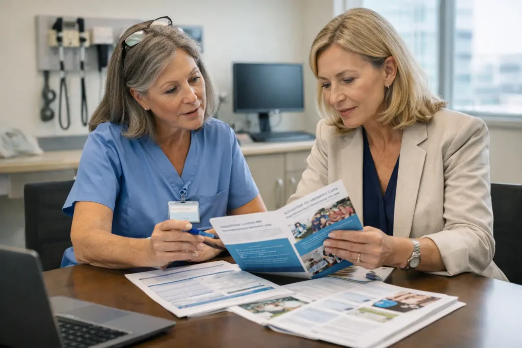 hospital discharge planner meeting with assisted living representative discussing referral partnerships