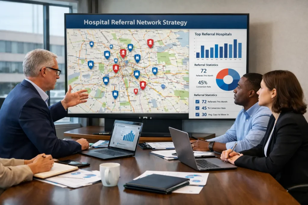 senior living executive team planning hospital referral network strategy with referral data dashboard