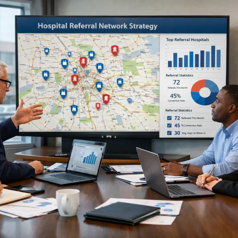 senior living executive team planning hospital referral network strategy with referral data dashboard