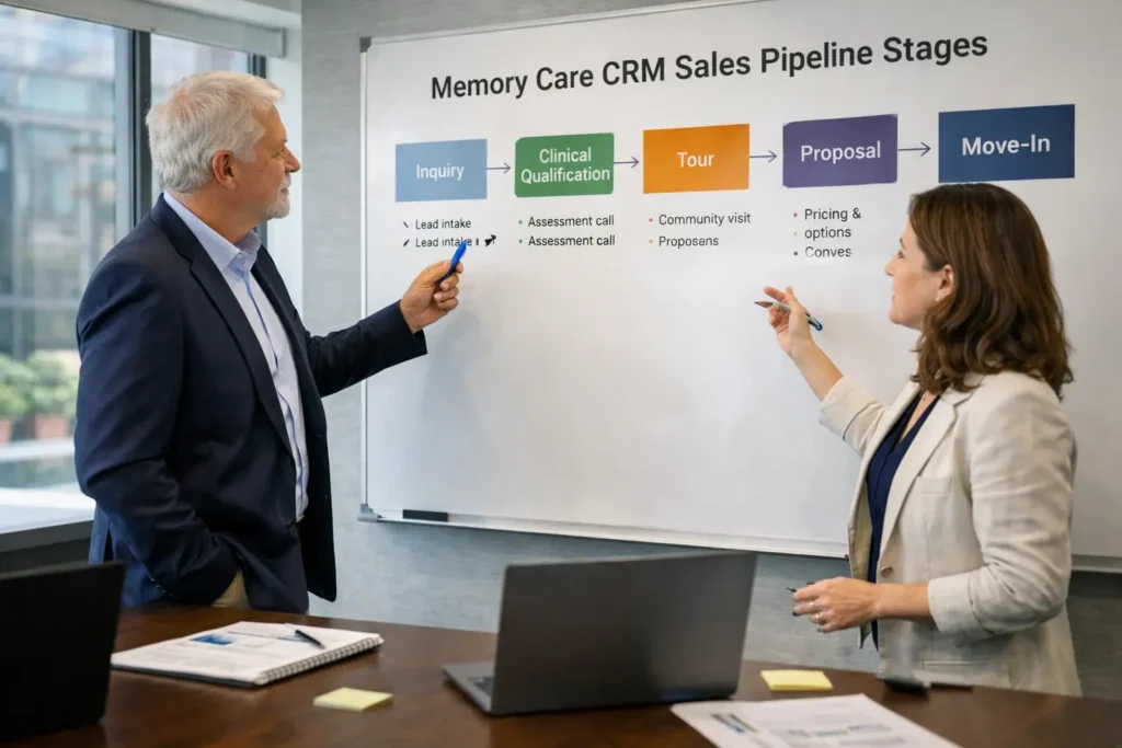 sales director planning memory care CRM pipeline stages and lead scoring strategy