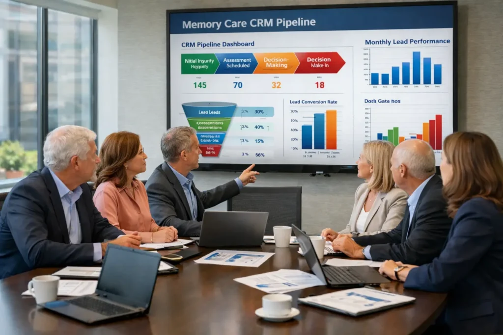 memory care sales team reviewing CRM pipeline dashboard and lead tracking metrics