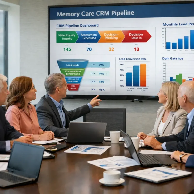 memory care sales team reviewing CRM pipeline dashboard and lead tracking metrics