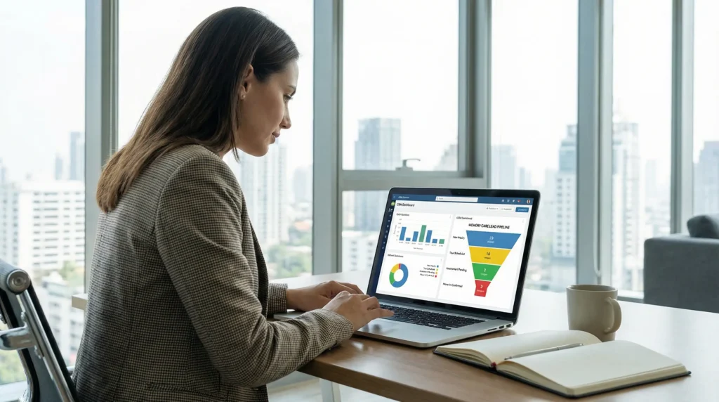 Memory care marketing automation dashboard showing CRM pipeline for senior living leads