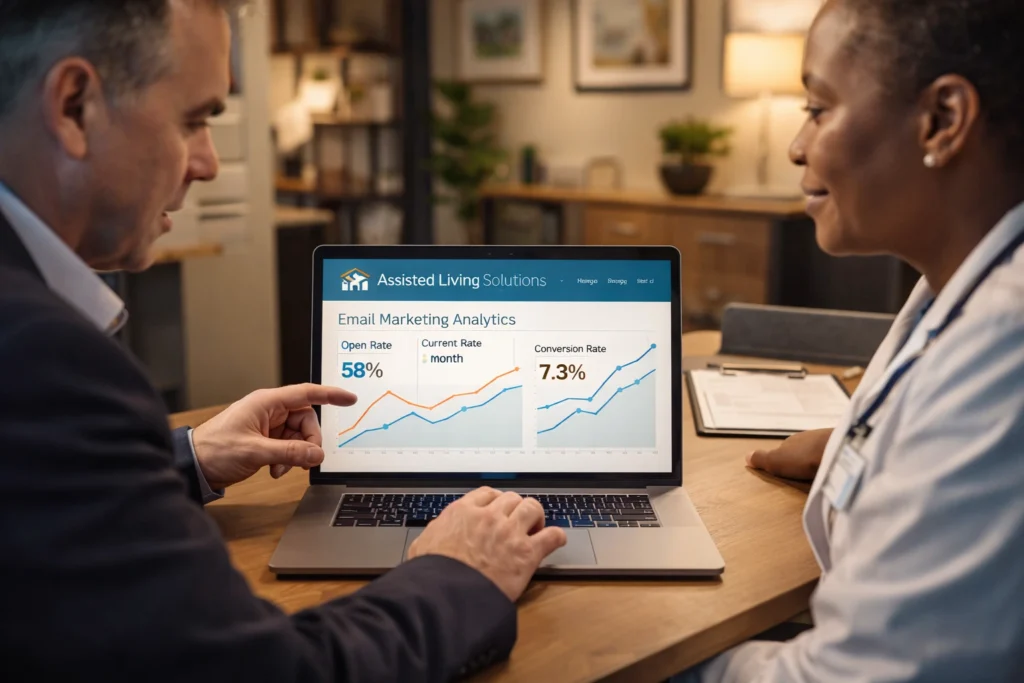 senior living email marketing dashboard showing analytics improvement