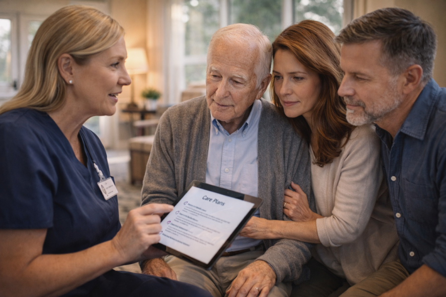 Caregiver discussing a senior's care plan with family on a tablet