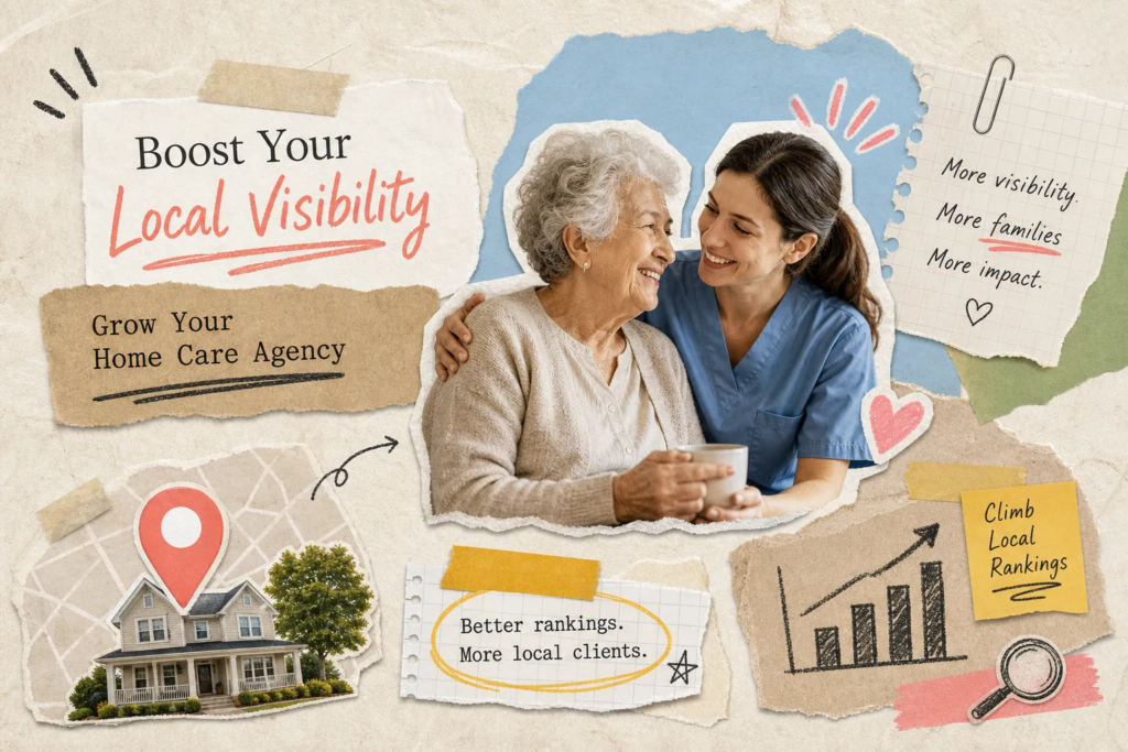 Home care local SEO guide showing Google search results, local visibility, and a mobile inquiry
