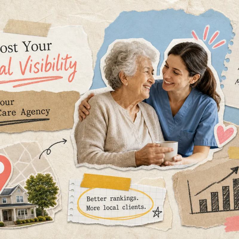 Home care local SEO guide showing Google search results, local visibility, and a mobile inquiry