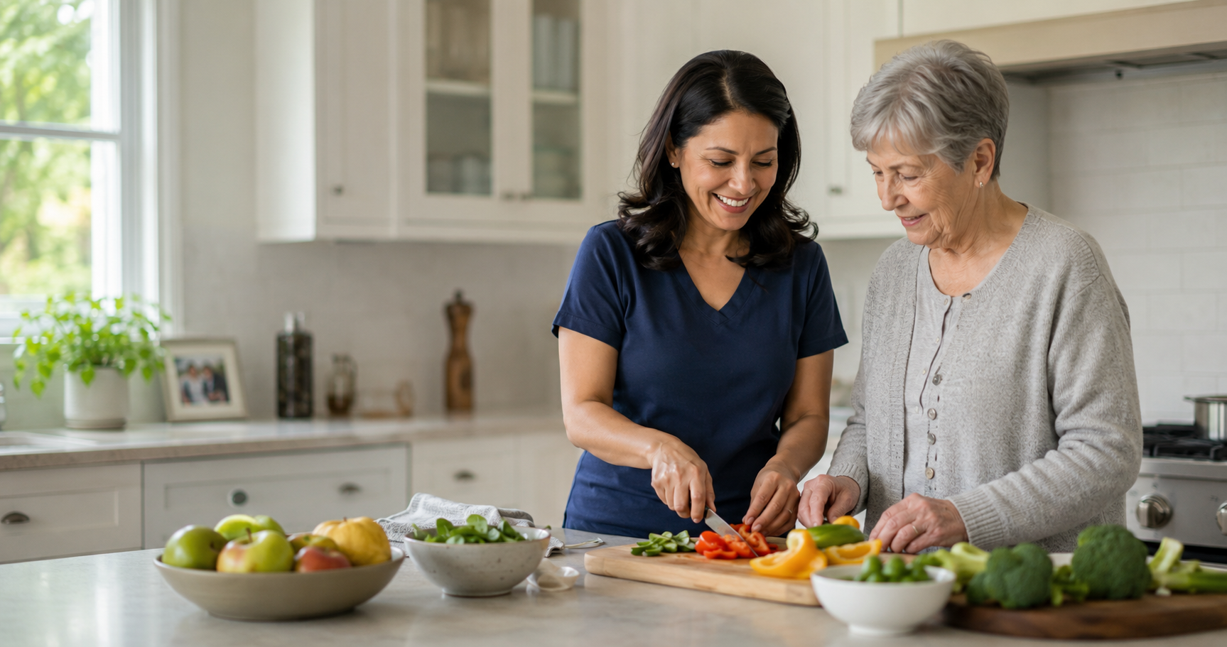 Caregiver and senior woman preparing a healthy meal together in a bright home kitchen.