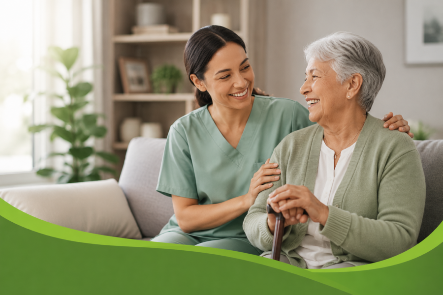 Home caregiver supporting a senior woman at home for a home care marketing featured image.