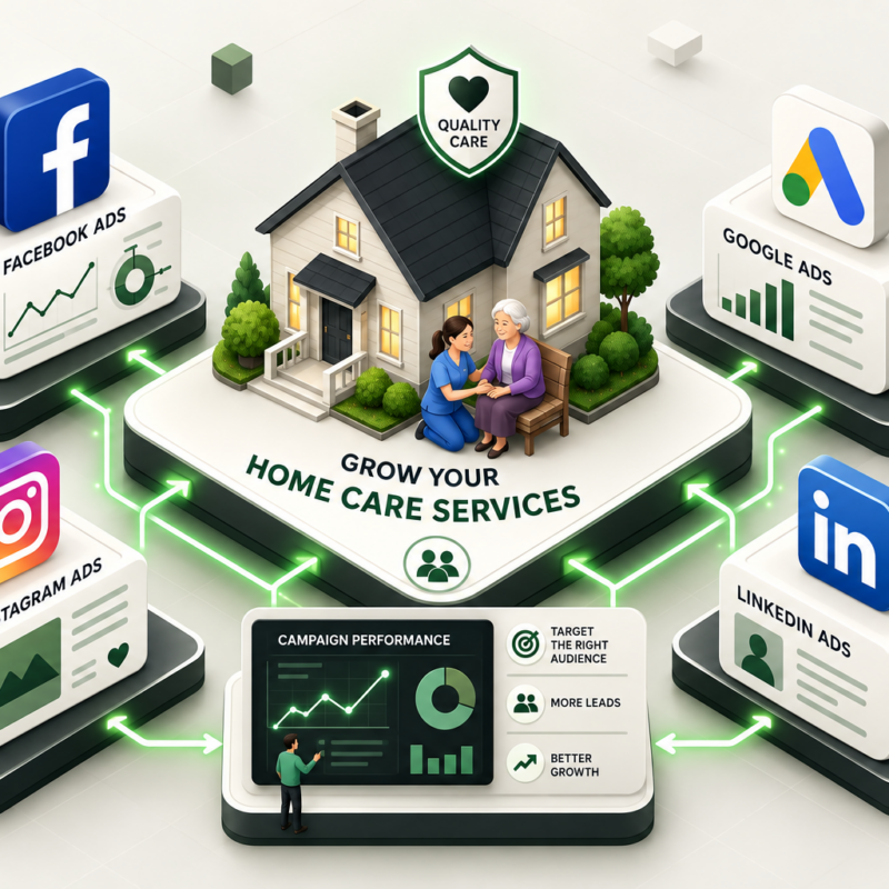 Home care advertising platform comparison showing Google Search Ads, Facebook and Instagram, Microsoft Ads, Nextdoor, LinkedIn, and Google Local Services Ads by buyer intent and recommended role
