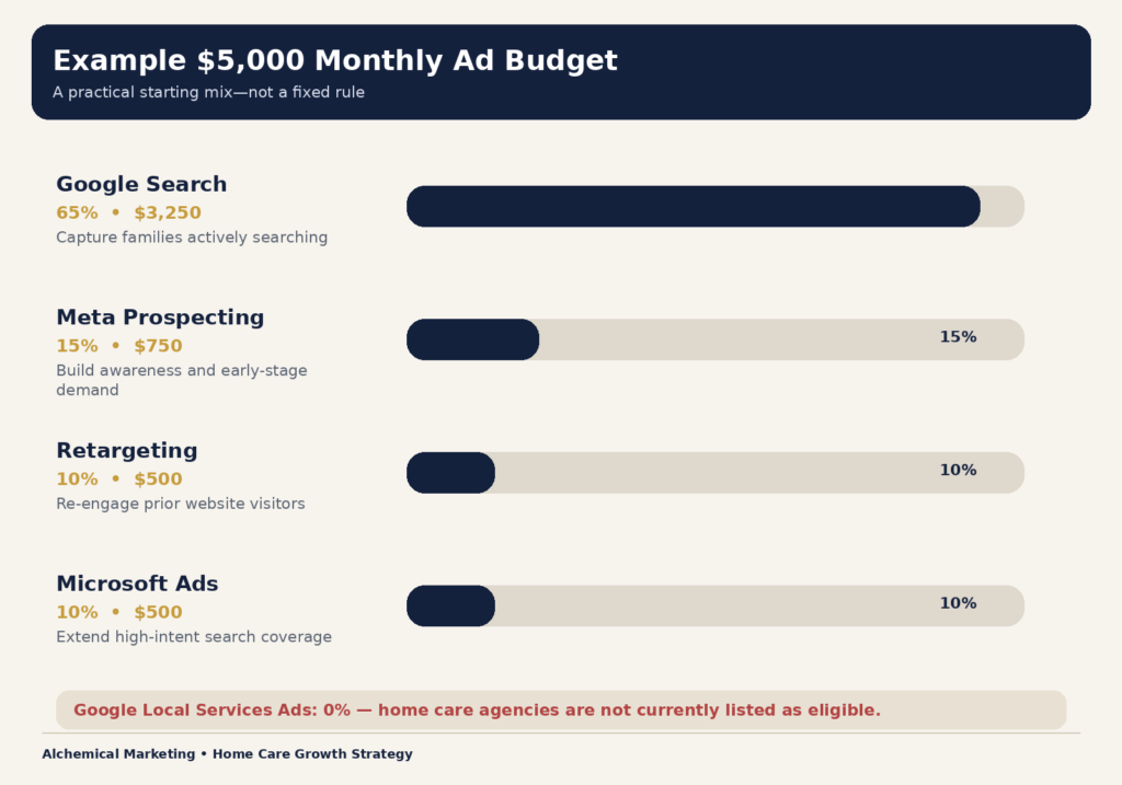 Example $5,000 monthly home care advertising budget led by Google Search