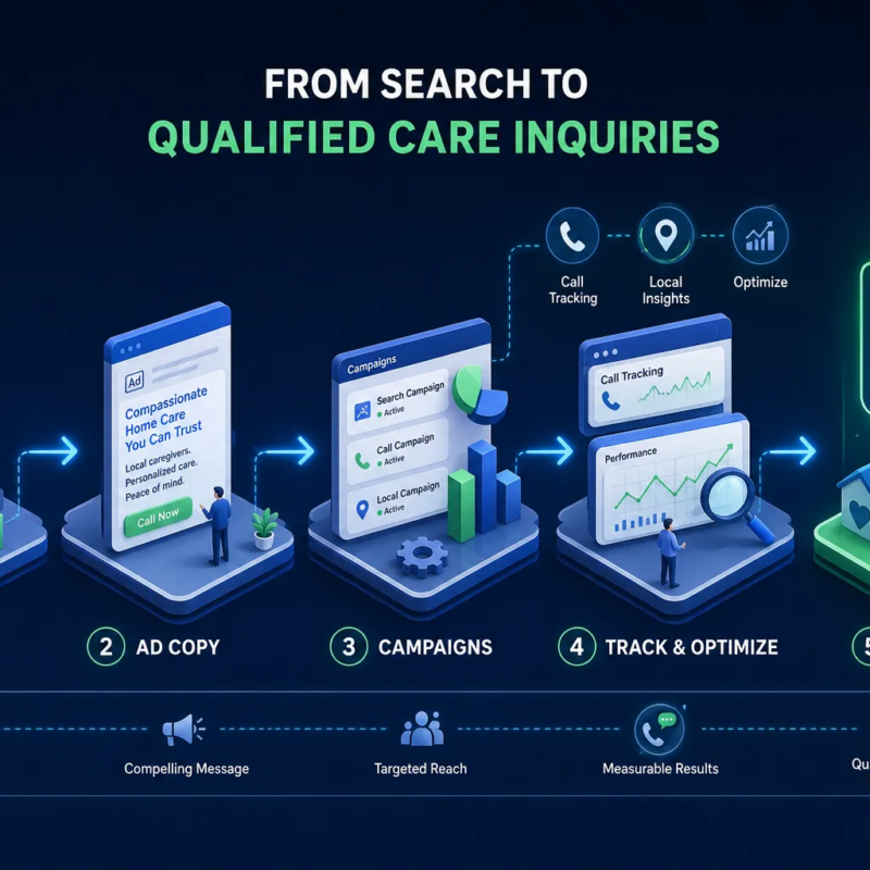 Google Ads funnel for home care agencies showing the path from keywords and ad copy to campaigns, tracking, optimization, and qualified care inquiries.