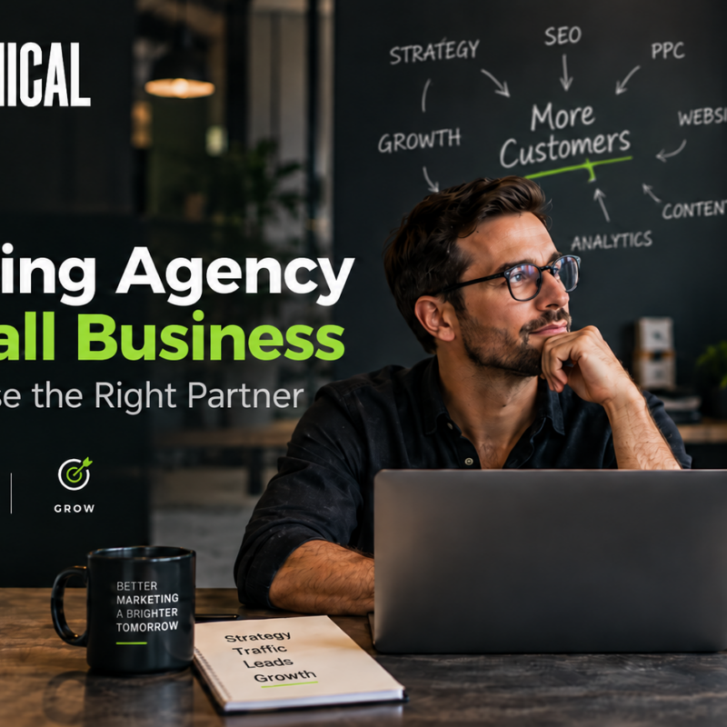 Small business owner evaluating a digital marketing strategy across SEO, PPC, websites, conversion, analytics, and AI search.
