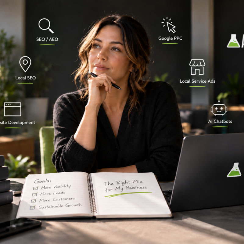Small business owner considering Google Ads, SEO, Local SEO, Local Services Ads, website development, and AI chatbot strategies.