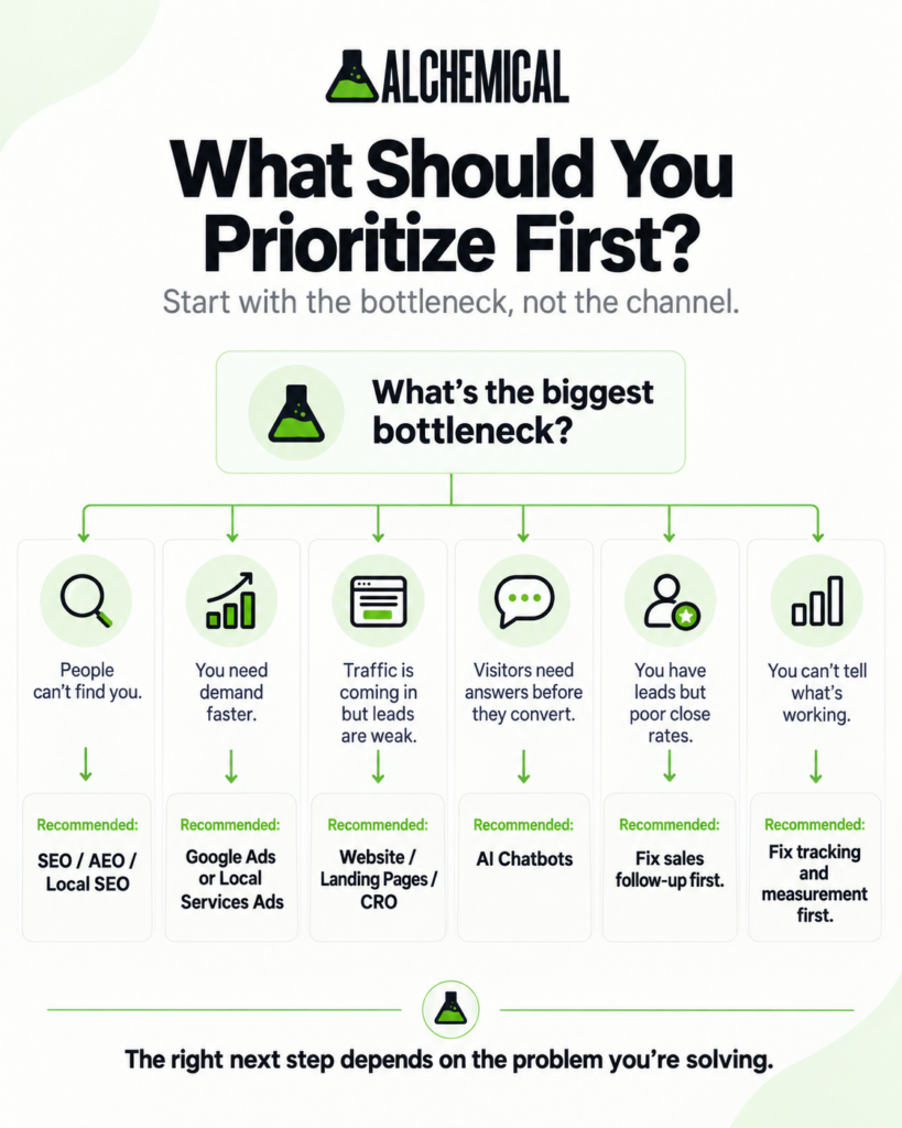 Decision framework matching common small business marketing bottlenecks with SEO, Google Ads, website optimization, AI chatbots, sales follow-up, or measurement.