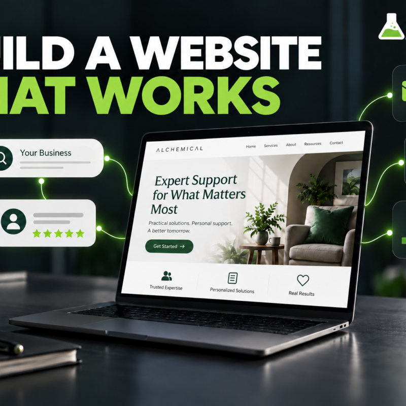 Alchemical Marketing graphic showing a business website connected to more inquiries, bookings, and business growth.