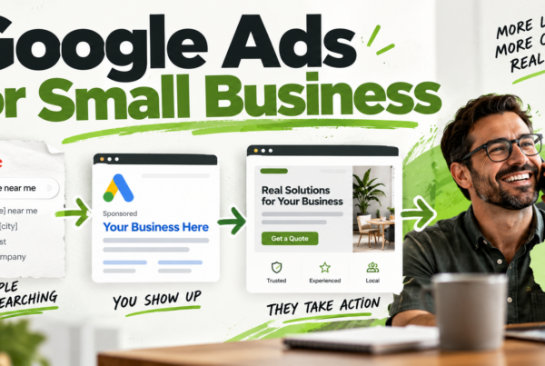 Google Ads for small business illustration showing a search, sponsored ad, landing page, and new customer journey.