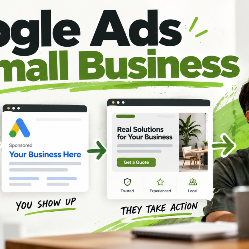 Google Ads for small business illustration showing a search, sponsored ad, landing page, and new customer journey.