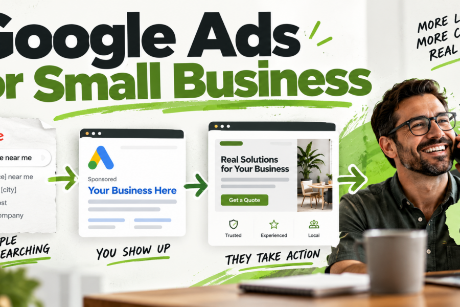 Google Ads for small business illustration showing a search, sponsored ad, landing page, and new customer journey.