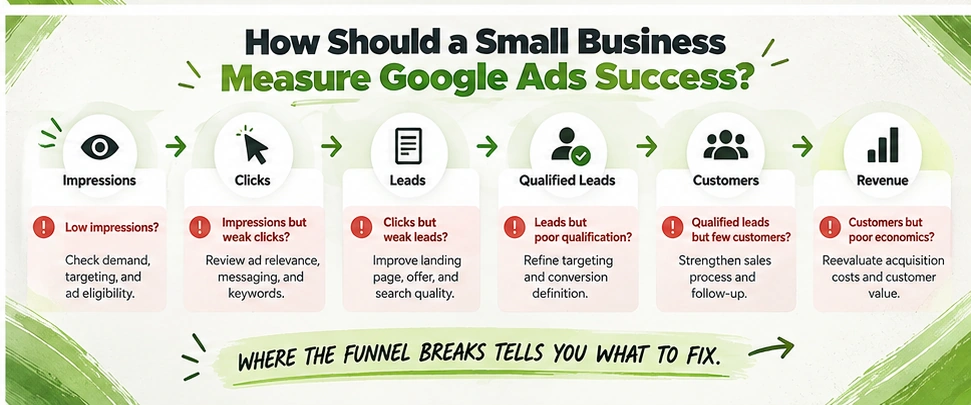 Google Ads measurement funnel showing impressions, clicks, leads, qualified leads, customers, and revenue with common failure points