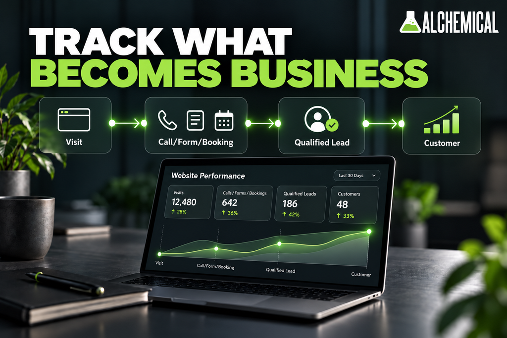 Website measurement graphic showing the path from a visit to a call, form or booking, qualified lead, and customer.